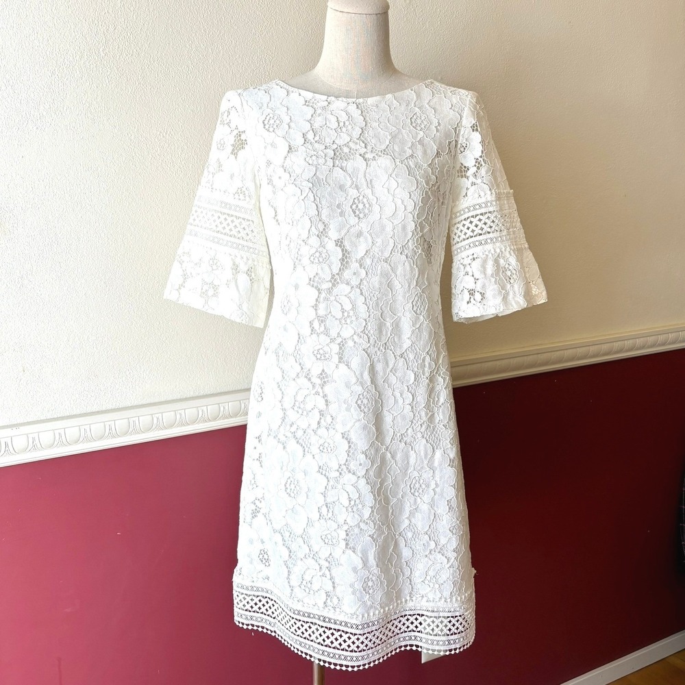 NEW Lauren Ralph Lauren White Floral Lace Bell Sleeve Shift Dress Women's 2 NWT